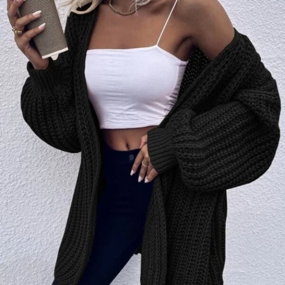 black Chunky Knit Open front comfy cozy sweater Cardigan - Picture 5 of 10